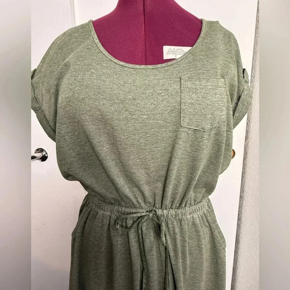 Womens OLIVE GREEN HEATHERED MAXI DRESS Side Slits POCKETS Elastic Waist - Picture 4 of 11